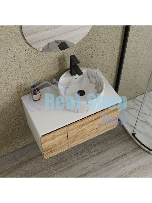Комплект: тумба Bau Dream Blackwood 80, Раковина круглая накладная BAU Element D41, мрамор, смеситель Hotel Black, черный матовый, выпуск клик клак черный