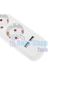 Удлинитель Rexant STANDARD 3 гнезда, 3 м, 3х1,0 мм², с/з, с выключателем, 2 USB, белый