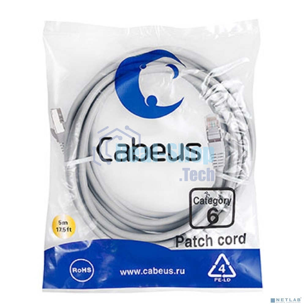 Шнур комм. Cabeus, кат. 6, экр., F/UTP, RJ45/RJ45, LSZH, AWG24, 5м, серый