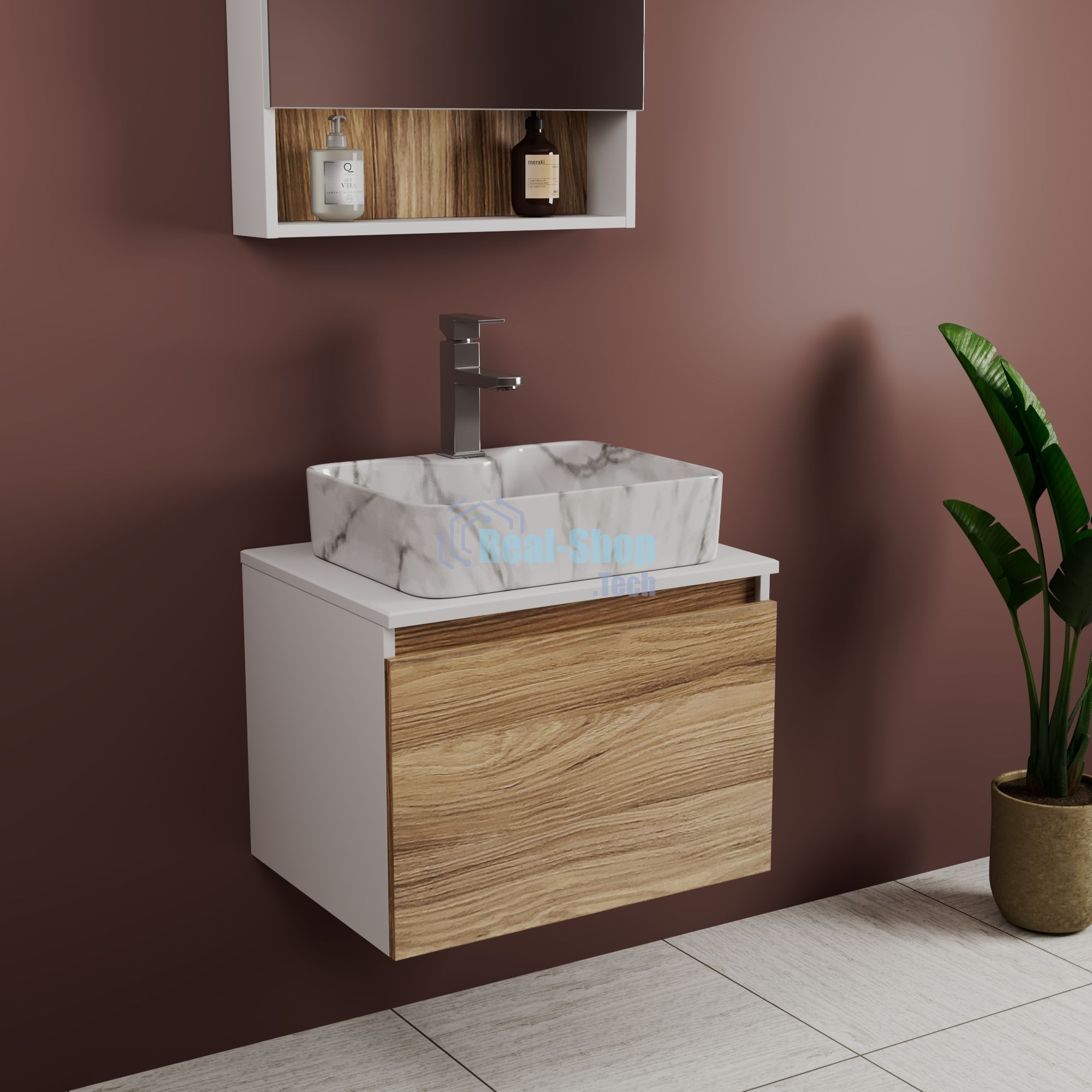 Комплект: тумба Bau Dream Blackwood 60, 1 ящик, раковина прямоугольная BAU Cerama 48х37, мрамор, смеситель Hotel Stil, нерж сталь
