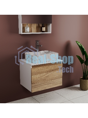 Комплект: тумба Bau Dream Blackwood 60, 1 ящик, раковина прямоугольная BAU Cerama 48х37, мрамор, смеситель Hotel Stil, нерж сталь