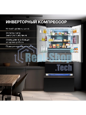 Холодильник Hyundai CM55043F черный стекло трехкамерный, 354/186, морозилка снизу, No Frost, Side by Side