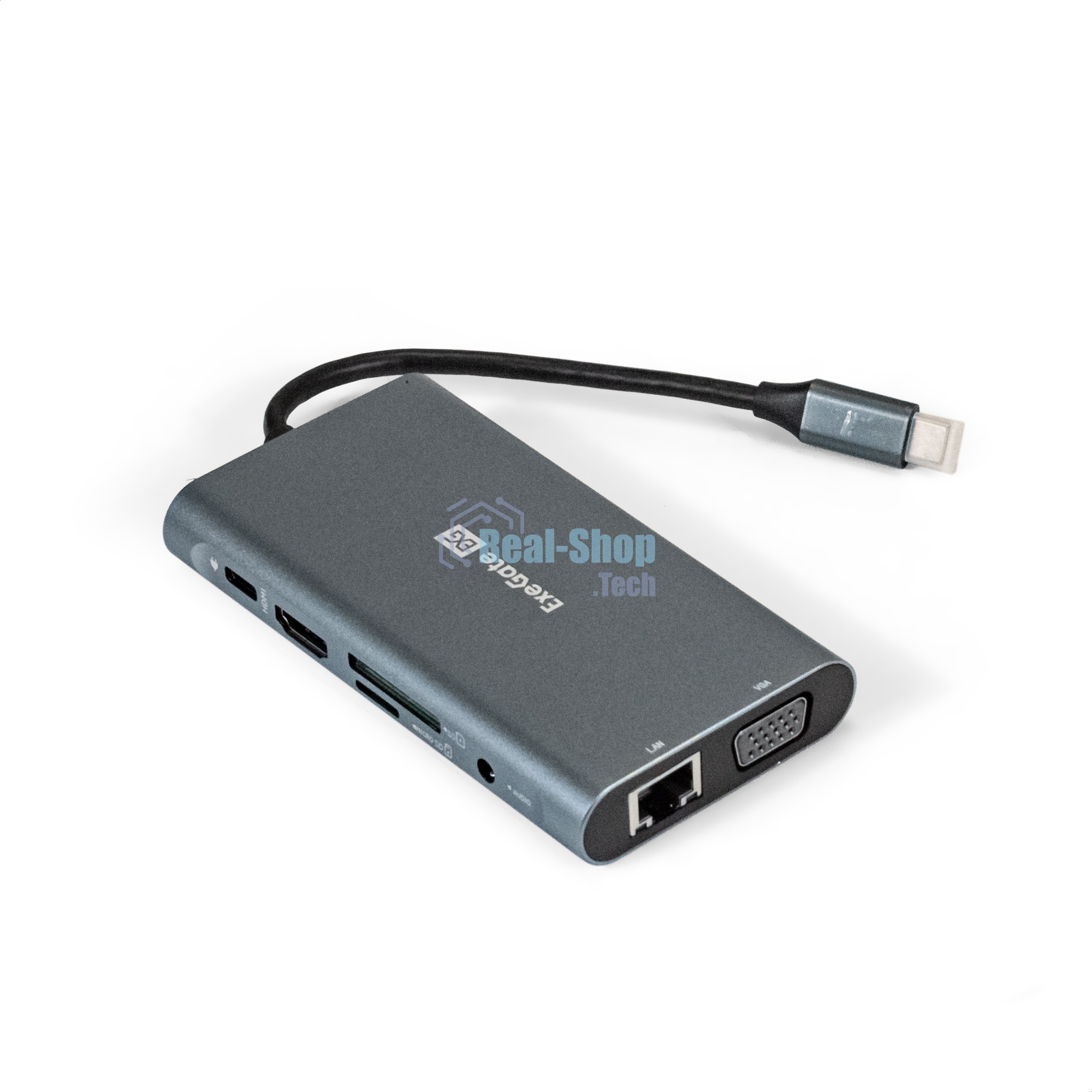 USB-концентратор ExeGate EX293985RUS DUB-31C/MAX (кабель-адаптер USB Type-C --> 3xUSB3.0 + Card Reader + PD 100W + HDMI 4K@30Hz + VGA + Audio + Lan RJ45 10/100/1000Mb, Plug&Play, серый)