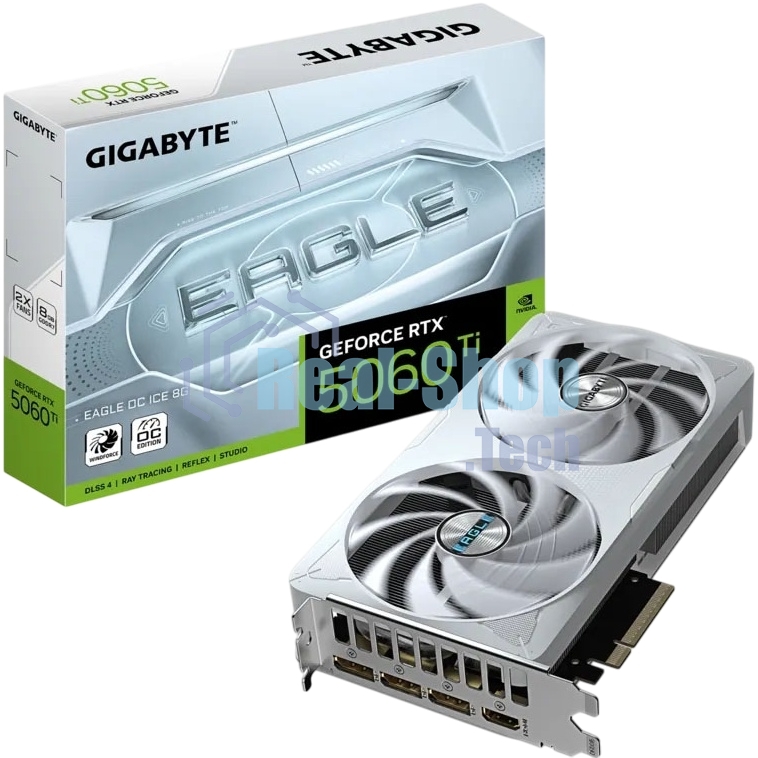 Видеокарта Gigabyte GeForce RTX 5060 Ti Eagle OC Ice, NVIDIA RTX 5060 Ti, 8 ГБ GDDR7, 128 бит, PCI-e 5.0, 1xHDMI, 3xDP, 2617 МГц