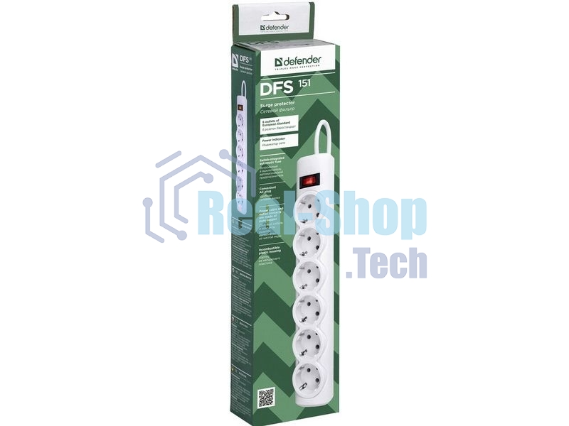 Сетевой фильтр Defender DFS 151 1,8 м, белый, 6 розеток