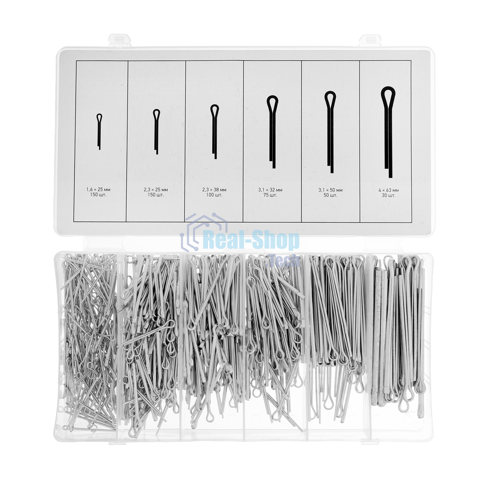 Набор шплинтов Сибртех, S головки х L: 1,6x25, 2,3x25, 2,3x38, 3,1x32, 3,1x50, 4x63 мм, 555 предметов