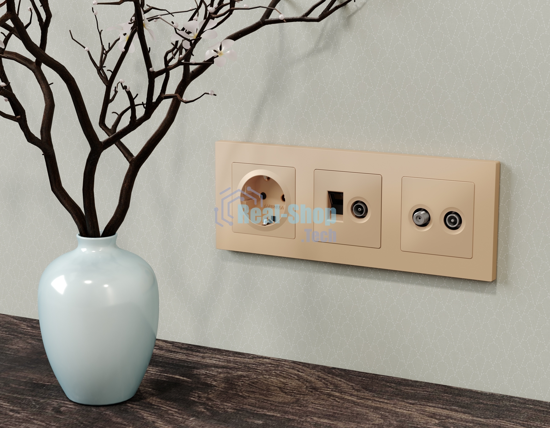 Комплект механизма розетки компьютерной + TV оконечной RJ-45 с автоматической защитной шторкой ALFA Шампань QUANT (AP6125, VM195) MA612510