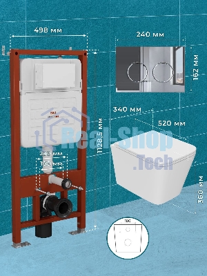 Комплект BAU 6 в 1: усиленная инсталляция BAU IDEAL, унитаз подвесной безободковый торнадо обратного потока Bau Stil 52х36 Hurricane-2, сиденье дюропласт микролифт, клавиша BAU Round, хром