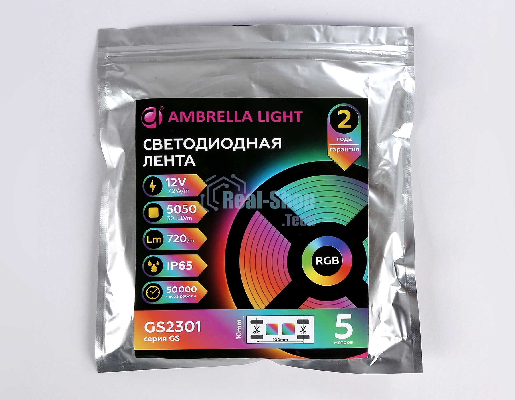 Светодиодная лента Ambrella light GS2301 5050 30Led/ 7.2W m/ 12V IP65 RGB/ 5000*10*2.87mm (4 конт.)