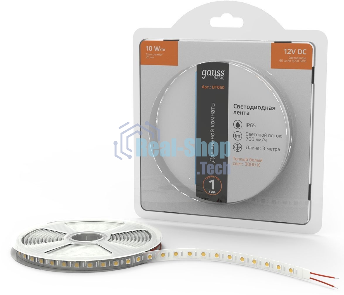 Лента светодиодная Basic Gauss 12V 10W/m 700lm/m 3000K IP65 LED 3m 1/100