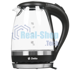 Чайник электрический Delta DL-1202 корпус из жаропрочного стекла, черный, 2200Вт, 1,5л