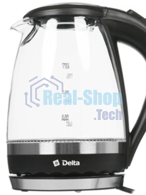 Чайник электрический Delta DL-1202 корпус из жаропрочного стекла, черный, 2200Вт, 1,5л