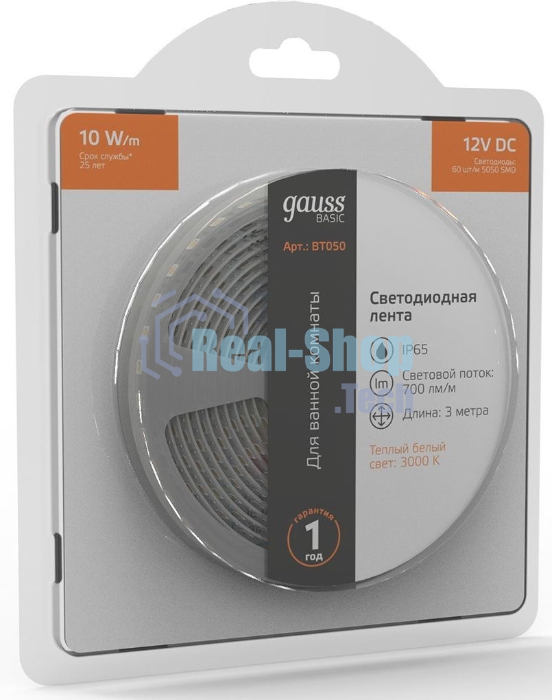 Лента светодиодная Basic Gauss 12V 10W/m 700lm/m 3000K IP65 LED 3m 1/100