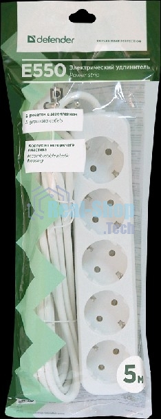 Удлинитель Defender E550 белый 5.0 м, 5 розеток 