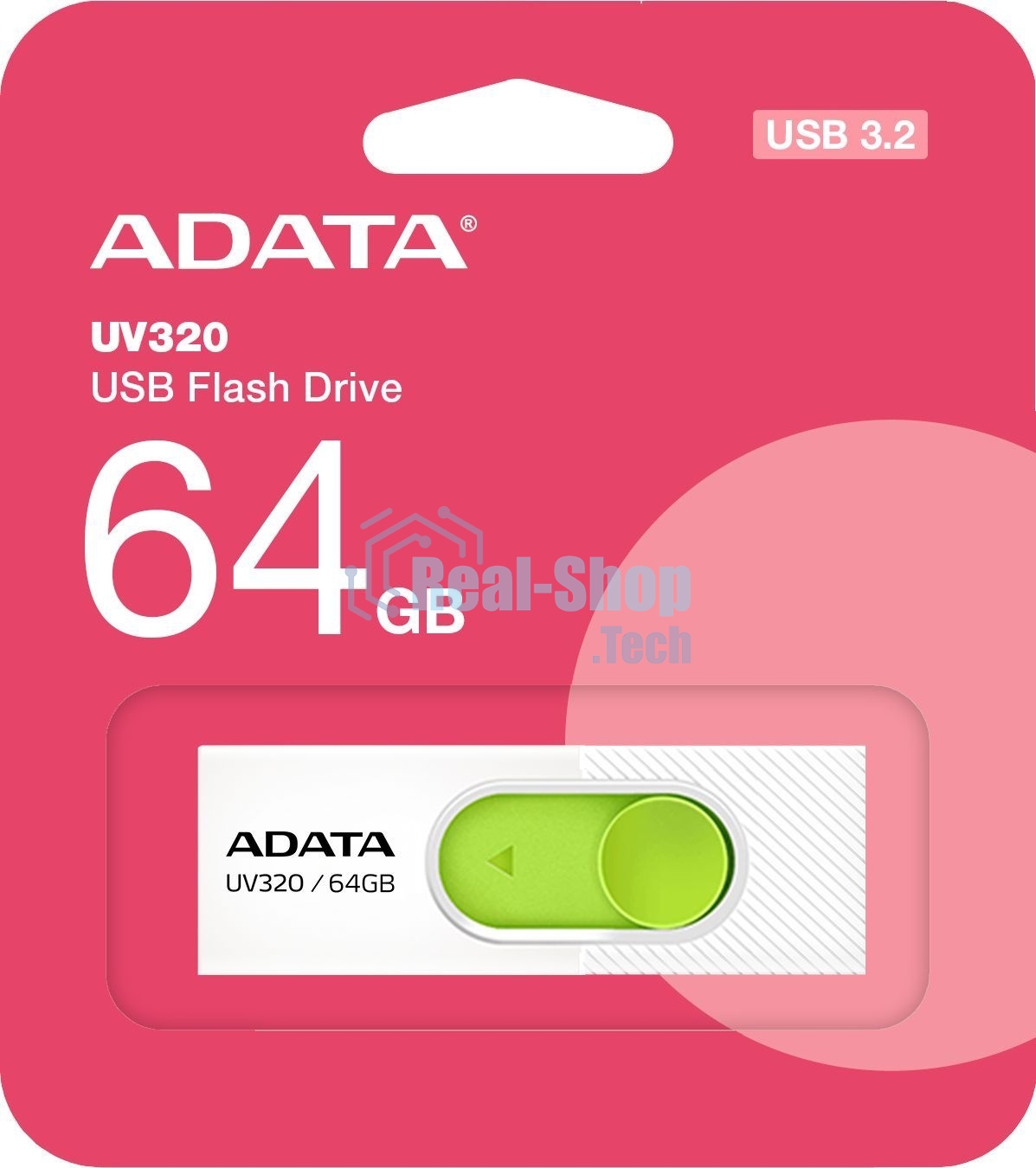 Флешка USB ADATA UV320 (AUV320-64G-RWHGN), 64Gb, USB 3.2 Gen1, R/W 100/30, белый/зеленый