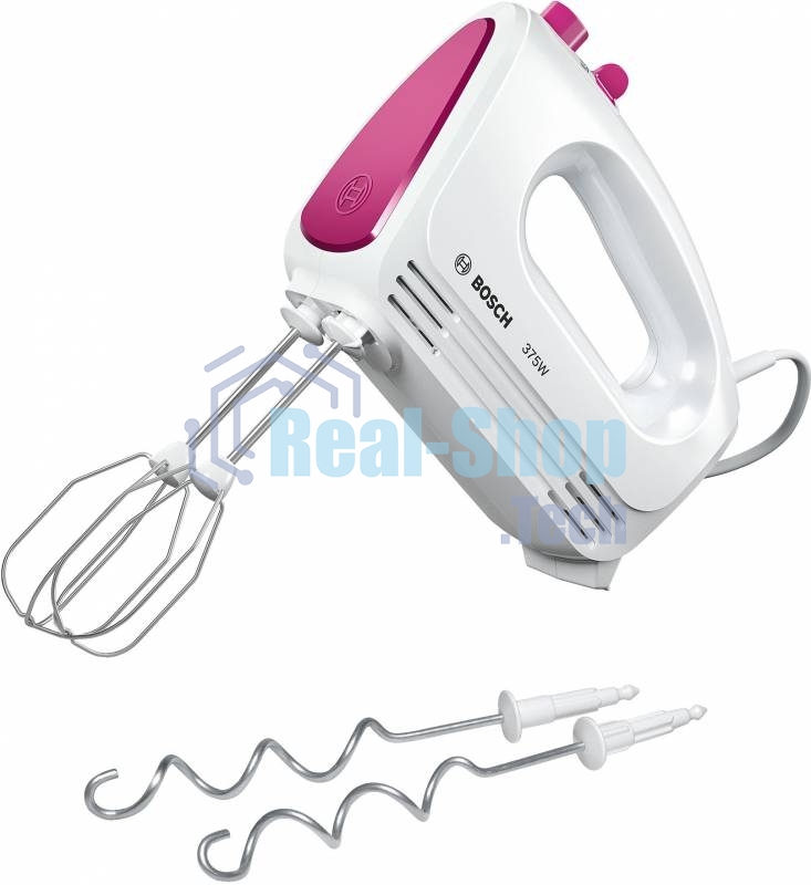 Миксер Bosch MFQ2210P, 375 Вт, белый/розовый, 4 скорости+ импульс.режим, 2 крюка+ 2 венчика