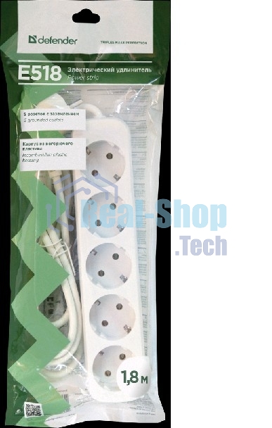 Удлинитель Defender E518 белый 1.8 м, 5 розеток 