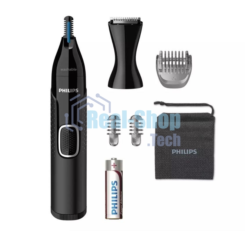 Триммер Philips для носа и ушей, черный, корпус - пластик, 3 насадки-гребня, насадка - триммер, щеточка для очистки, мягкий чехол, батарейка