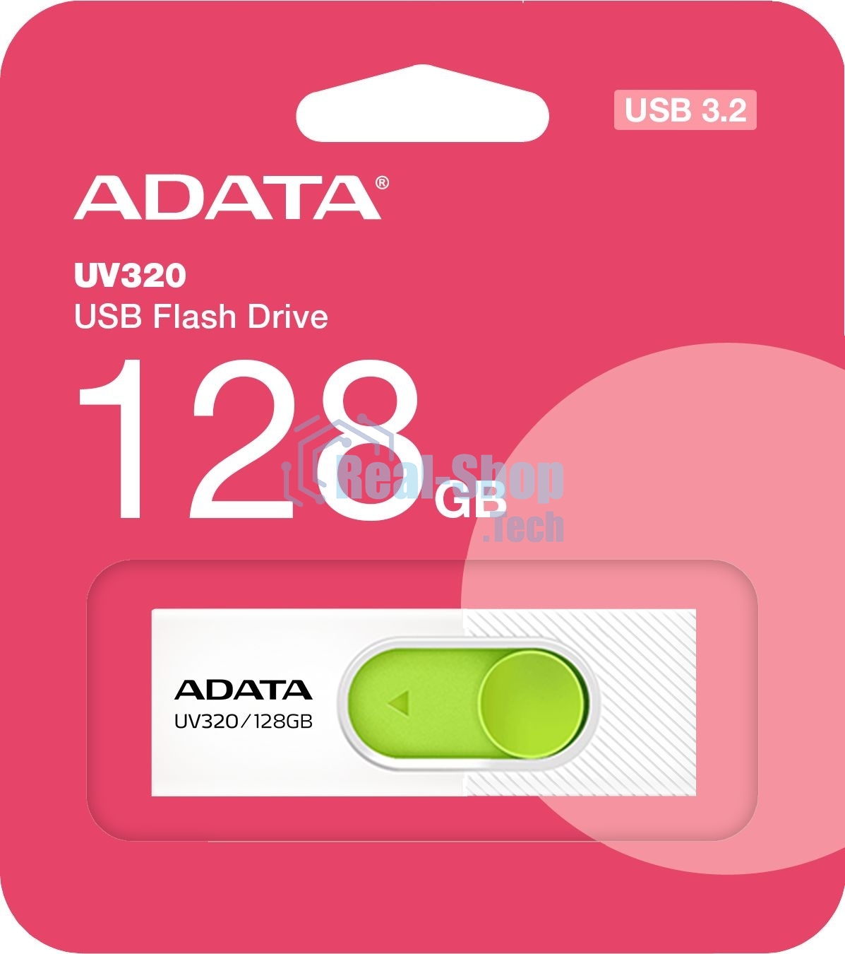 Флешка USB ADATA UV320 (AUV320-128G-RWHGN), 128Gb, USB 3.2 Gen1, R/W 100/30, белый/зеленый
