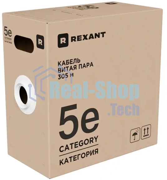 Кабель витая пара Rexant U/UTP, CAT 5e, PVC, 4PR, 24AWG, INDOOR, SOLID, серый, 305м