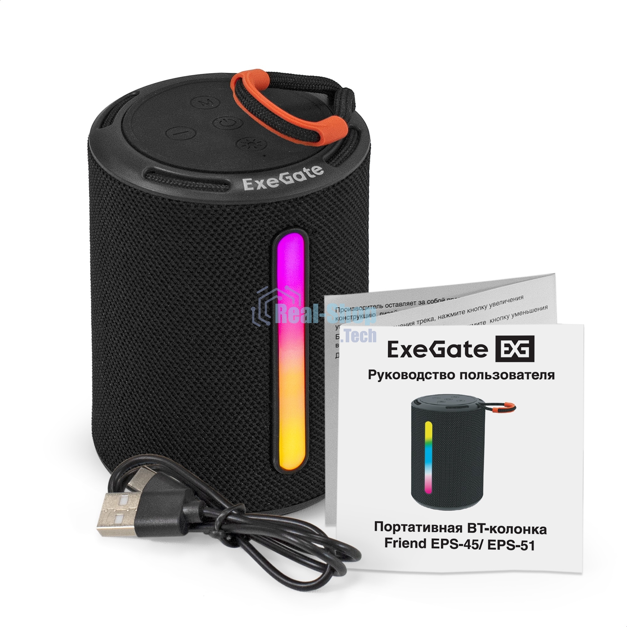 Портативная BT-колонка ExeGate Friend EPS-45 (5Вт, 50-20000Гц, Bluetooth, с поддержкой USB и TF/microSD карт, FM, Li-Ion 500mAh, цвет черный, RGB подсветка, зарядка USB Type-C, Color Box)