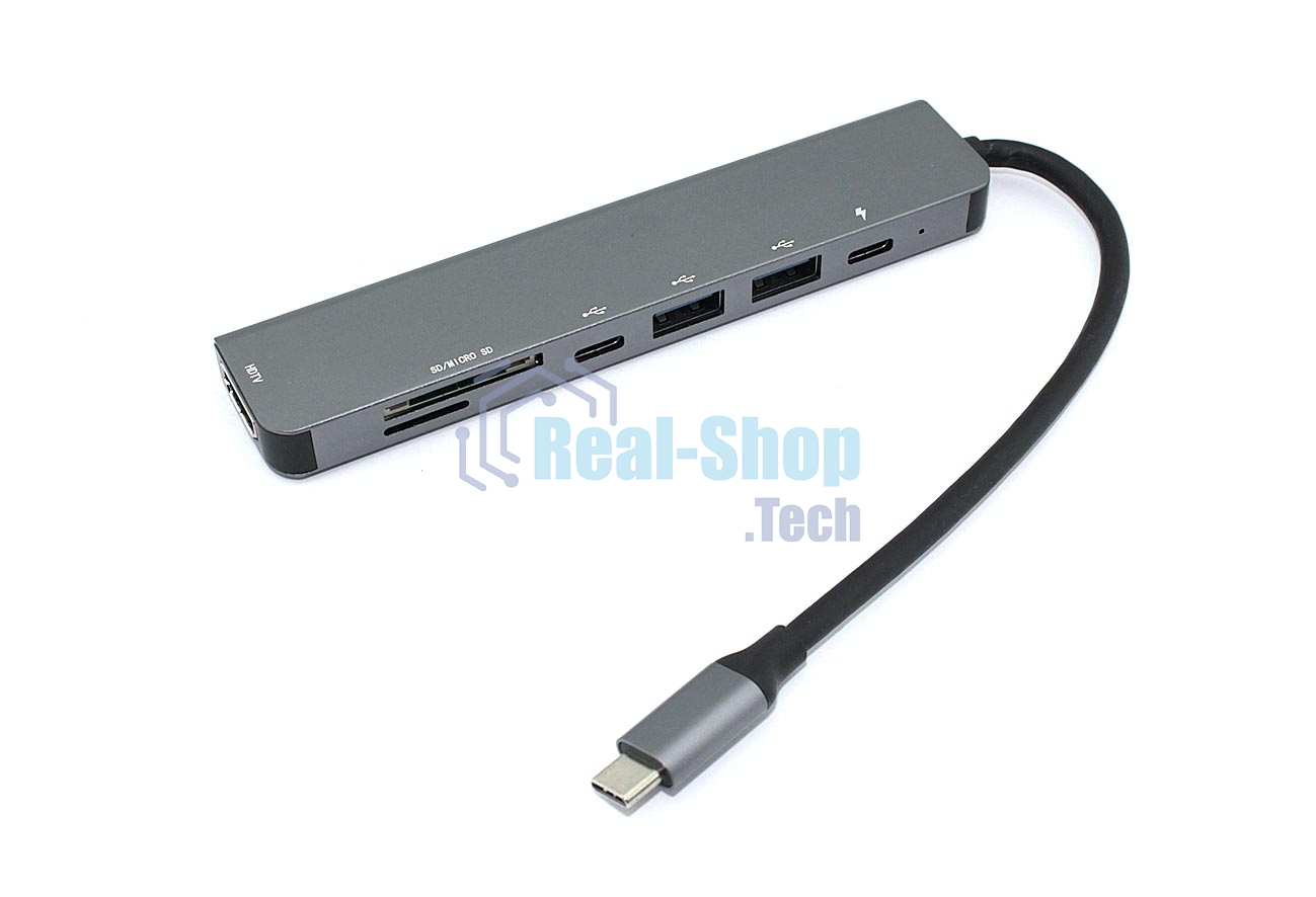 Адаптер Type-C на HDMI, PD+, USB 3.0*2 + SD/TF для MacBook, серебро