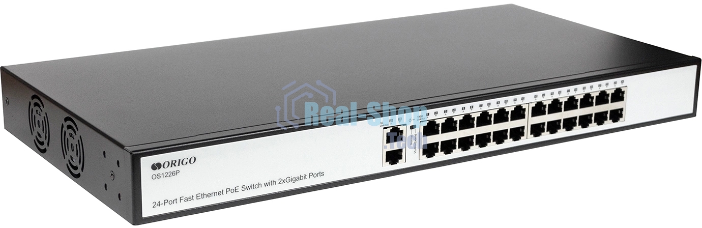 Неуправляемый PoE-коммутатор ORIGO OS1226P/285W/A1A 24x100Base-TX PoE+, 2x1000Base-T, PoE-бюджет 285 Вт, корпус металл
