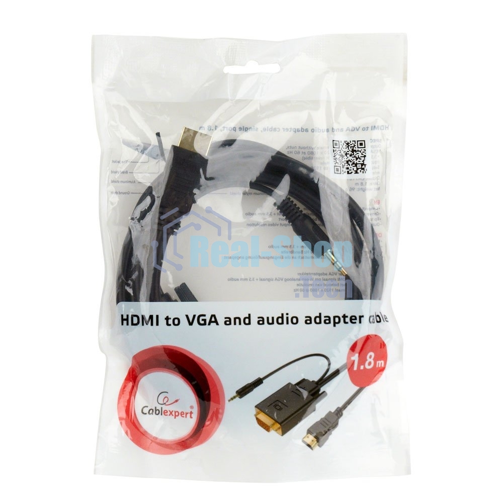 Кабель HDMI->VGA Cablexpert A-HDMI-VGA-03-10, 19M/15M + 3.5Jack, медь, позол.разъемы, 3м, черный, пакет