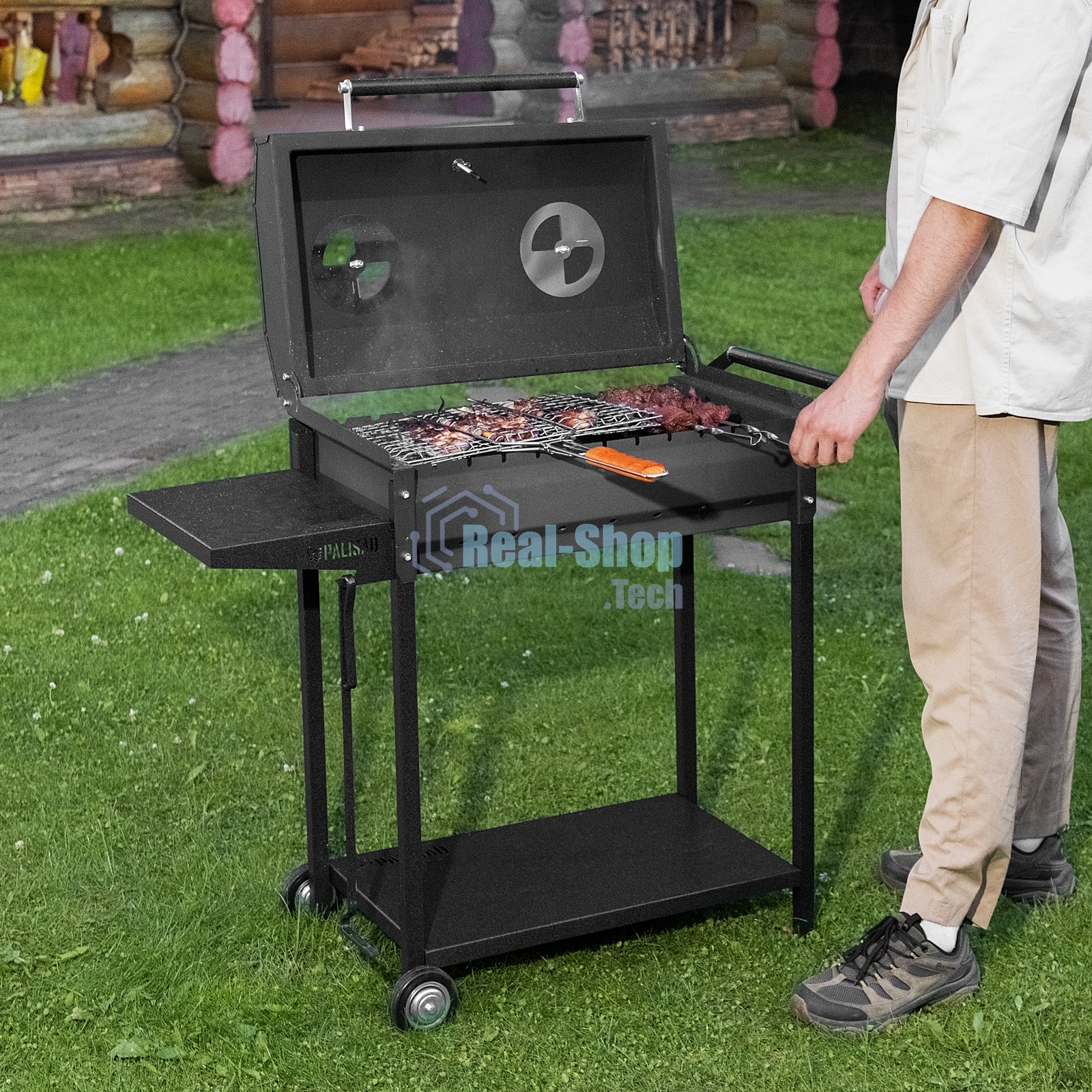 Мангал на колесах с крышкой-барбекю, 662х390х920, сталь 2 мм, термометр, кочерга, Camping Palisad