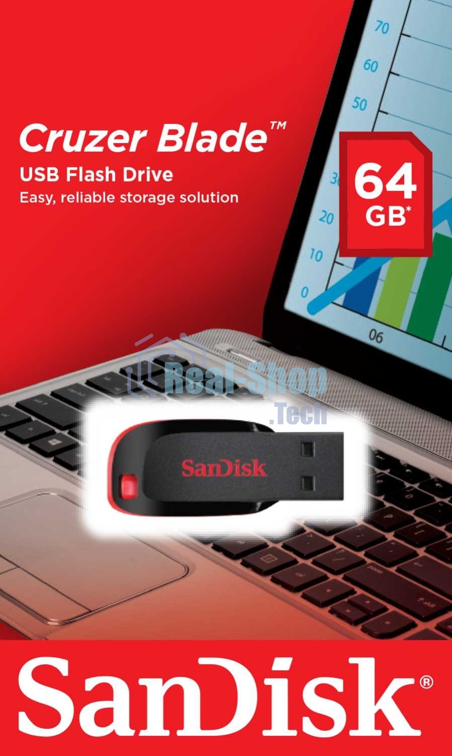 Флешка USB Sandisk CZ50 Cruzer Blade (SDCZ50-064G-B35), 64Gb, USB 2.0, R/W 15/4, черный/красный