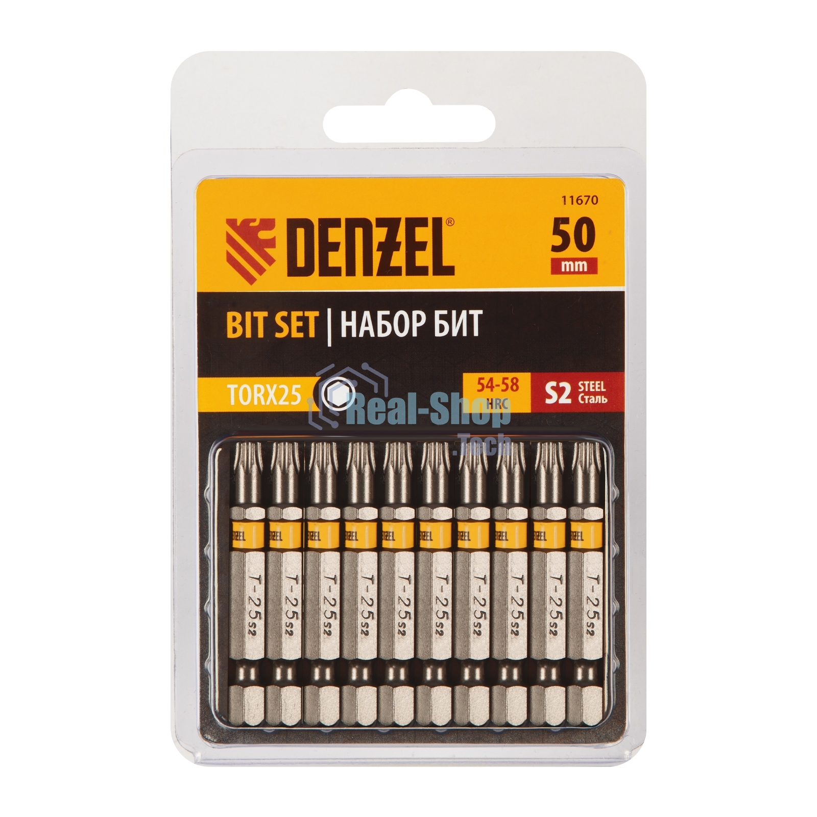 Набор бит Denzel TORX 25х50, сталь S2, шестигранный профиль, 10 шт.