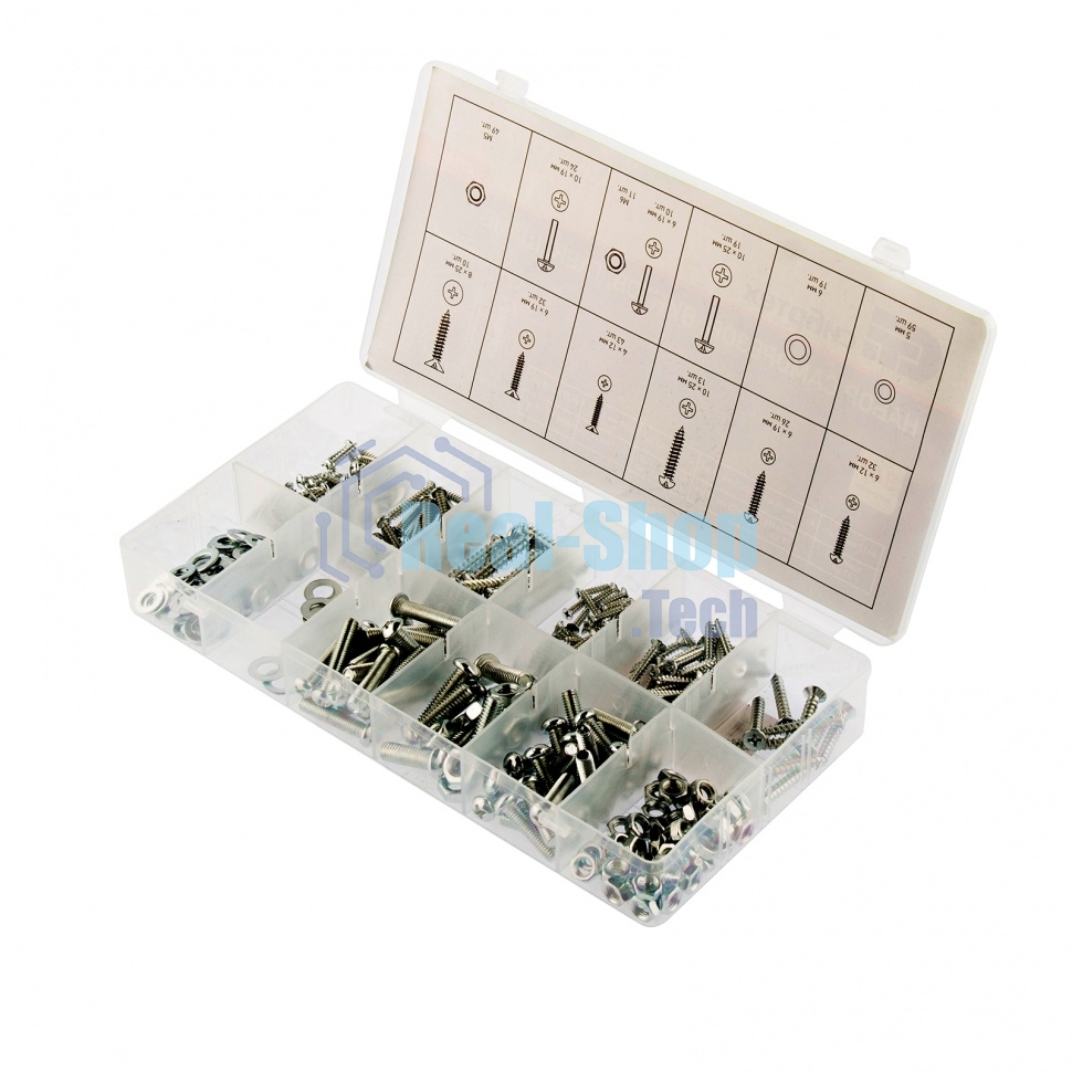 Набор саморезов Сибртех, винтов, гаек, шайб, 347 предметов