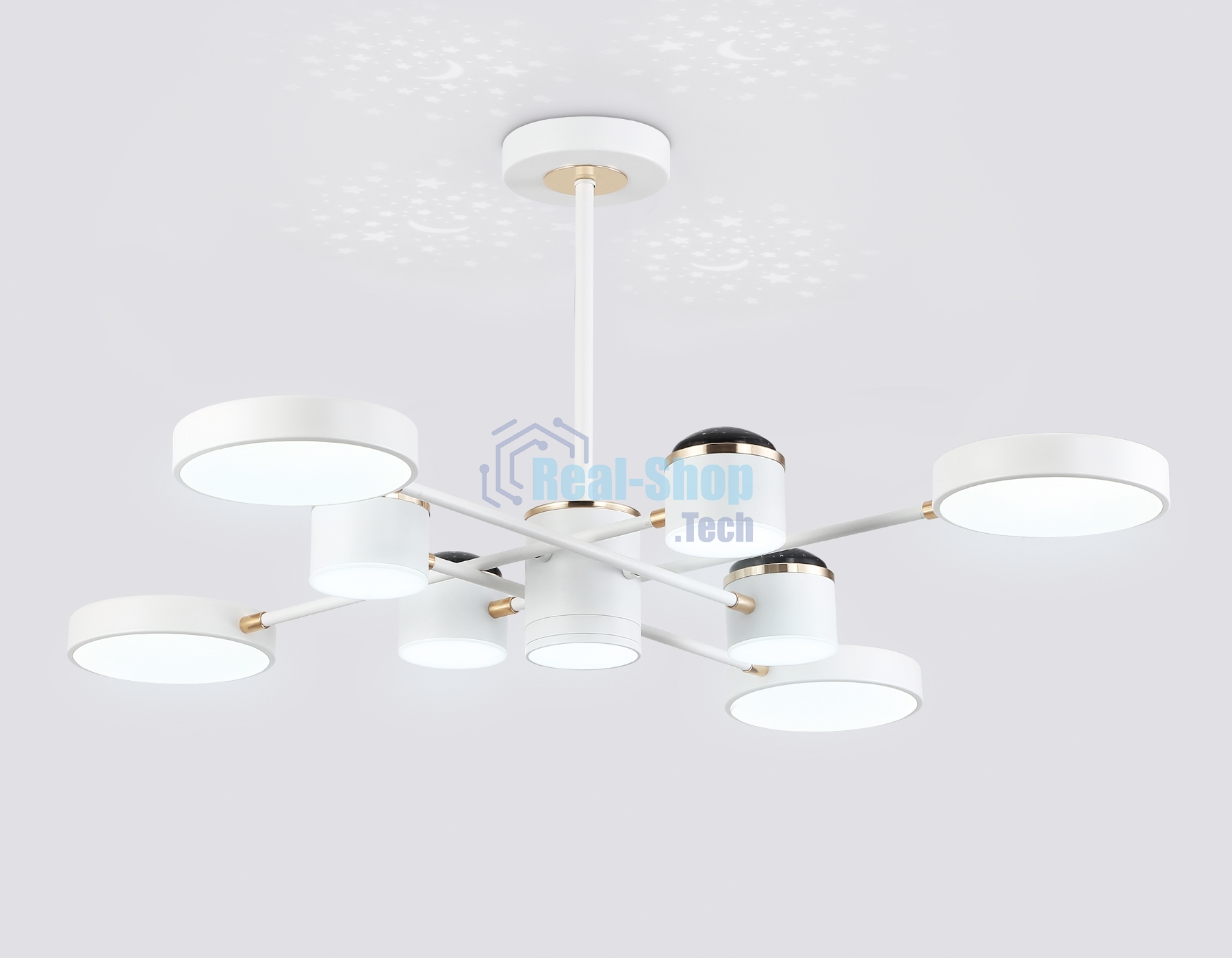 Люстра светодиодная на штанге Ambrella light FL51627/9+4 WH/FGD белый/золото 132W 3000-6000K D850*370 (без ПДУ)