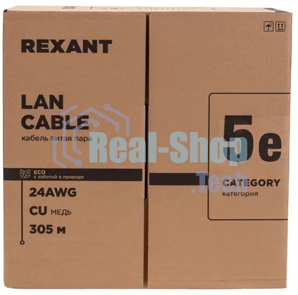 Кабель витая пара Rexant U/UTP, CAT 5e, PVC, 4PR, 24AWG, INDOOR, SOLID, серый, 305м