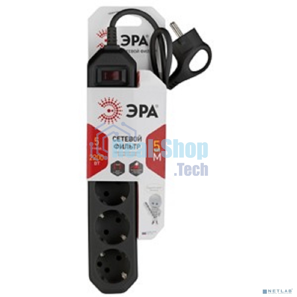Сетевой фильтр USF-5es-5m-B черный с заземл, 3x0,75 мм2, с выкл, 5 гн, 5 м (20/500) ЭРА