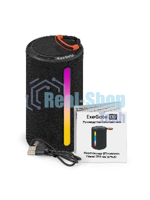 Портативная BT-колонка ExeGate Friend EPS-51 (2*5Вт, 50-20000Гц, Bluetooth, с поддержкой USB и TF/microSD карт, FM, Li-Ion 1200mAh, цвет черный, RGB подсветка, зарядка USB Type-C, Color Box)