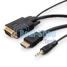 Кабель HDMI->VGA Cablexpert A-HDMI-VGA-03-10M, 19M/15M + 3.5Jack, медь, позол.разъемы, 10м, черный, пакет