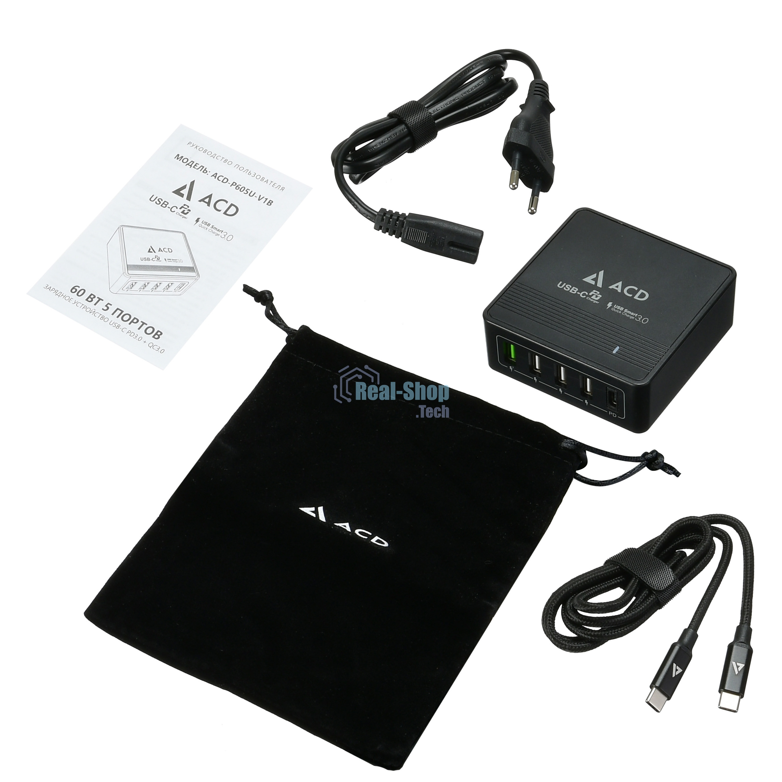 Сетевое зарядное устройство ACD-P605U-V1B 60Вт, 5xUSB 1PD+1QC+3Smart, 3.6~20В/3А RTL