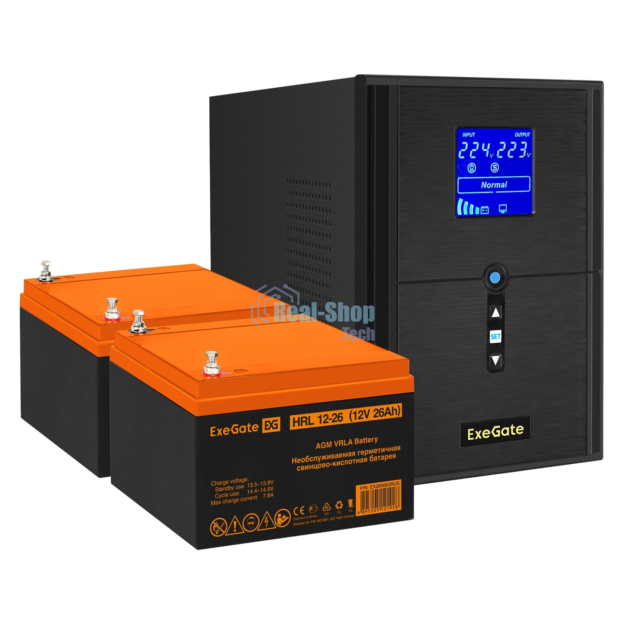 Комплект Источник бесперебойного питания EX295989RUS + батарея 26Aч EX285663RUS 2шт (инвертор, синус, для котла) ExeGate SineTower SZ-2000.LCD.AVR.3SH.1C13.USB 2000VA/1600W, чистый синусоида, LCD дисплей, AVR, 3хSchuko+1хC13, USB, линейно-интерактивный, черный + батарея ExeGate HRL 12-26 (12В, 26А·ч) 2шт