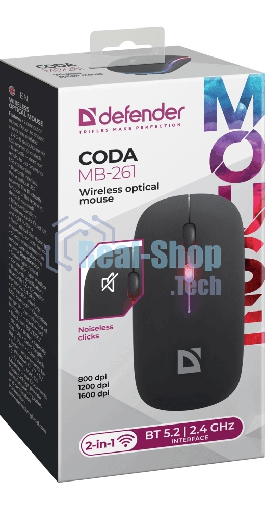 Мышь беспроводная Defender Coda MB-261 черный, 1600 dpi, радиоканал, Bluetooth, USB, кнопки - 4