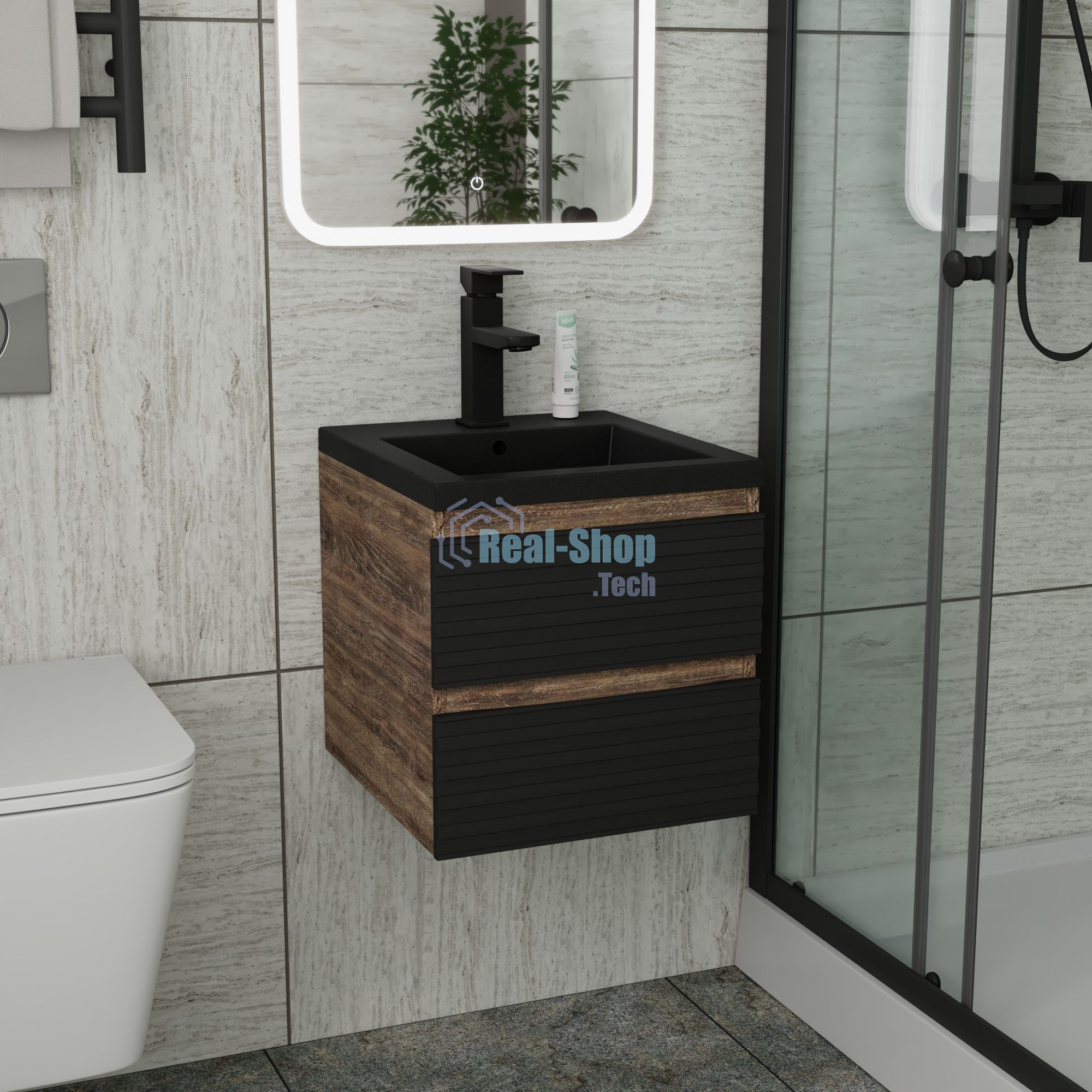 Тумба под раковину Bau Stil Loft black brushed, раковина кварцевая BAU Stil 40, черный металлик