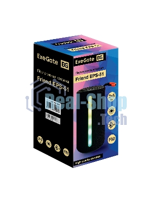 Портативная BT-колонка ExeGate Friend EPS-51 (2*5Вт, 50-20000Гц, Bluetooth, с поддержкой USB и TF/microSD карт, FM, Li-Ion 1200mAh, цвет черный, RGB подсветка, зарядка USB Type-C, Color Box)