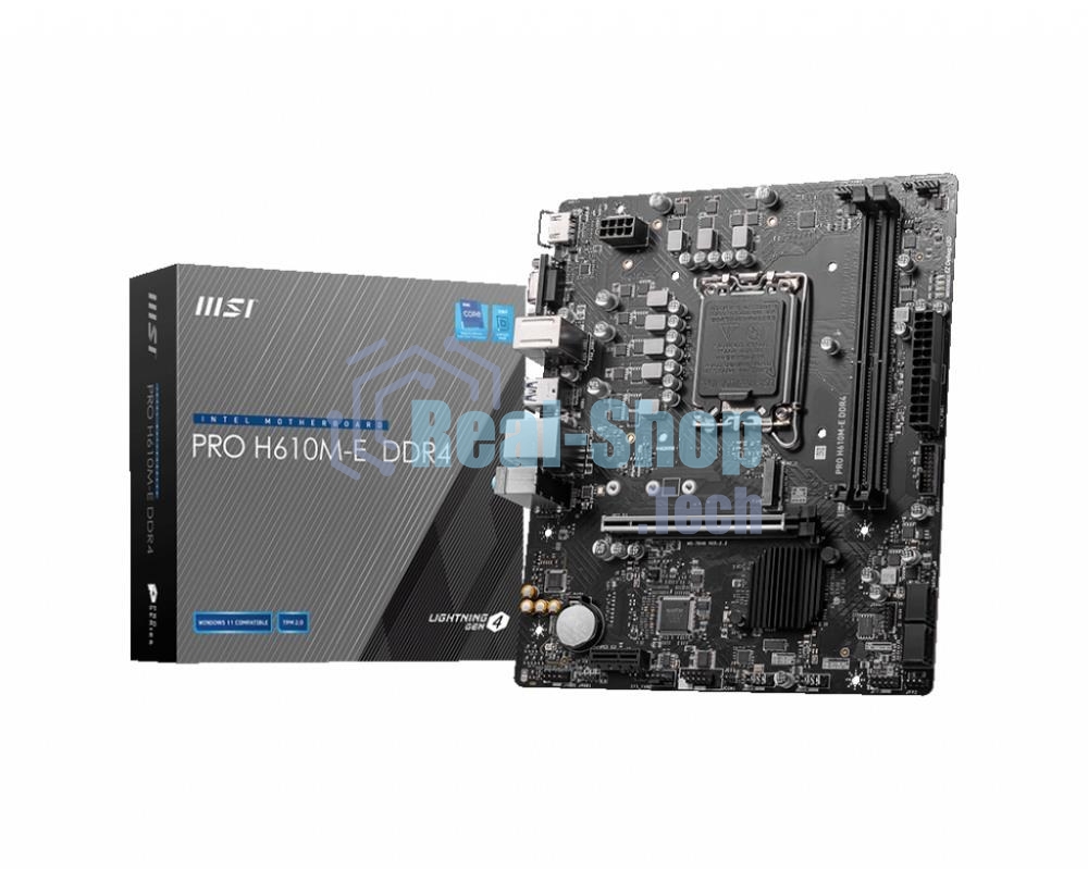 Материнская плата MSI PRO H610M-E DDR4, LGA 1700, Intel H610, 2xDDR4, 4xSATA, 1xM.2, 1xPCIe 4.0 x16, 1xPCIe 4.0 x1, 1xHDMI, 1xVGA, 1xRJ45 1Gb, 2xUSB-A 3.2 Gen 1, 4xUSB-A 2.0, 3x3.5мм, 7.1, mATX