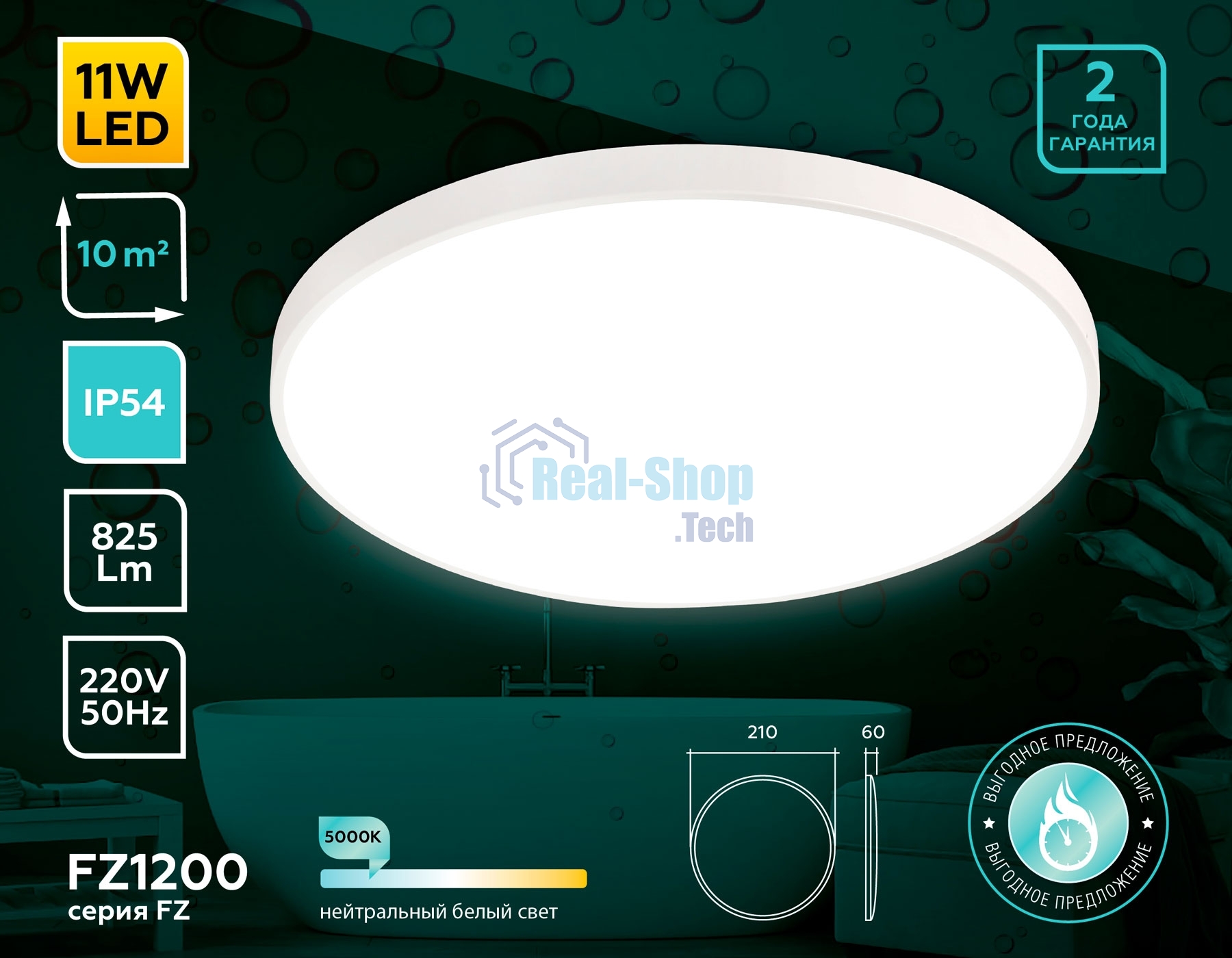Потолочный светодиодный светильник Ambrella light FZ1200 WH белый IP54 11W 5000K D210*60 (без ПДУ)