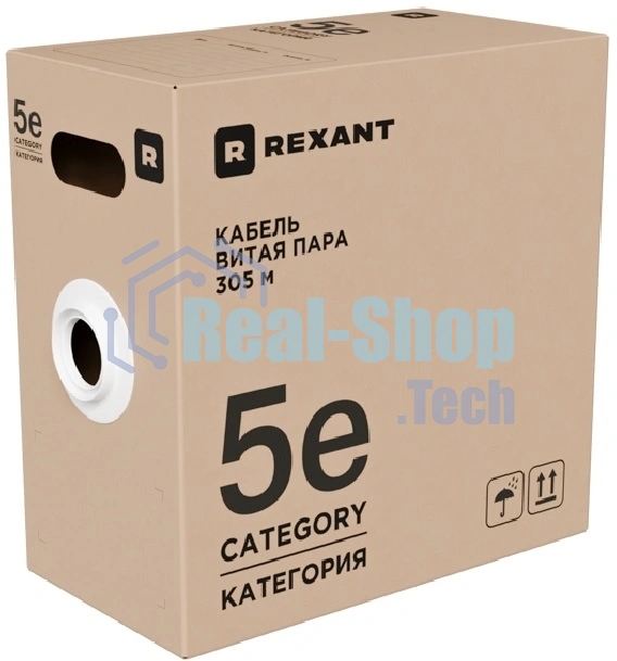 Кабель витая пара Rexant U/UTP, cat.5e, PVC нг(А)-LS, 4х2х0,52мм, 4PR, 24AWG, INDOOR, SOLID, серый, 305м