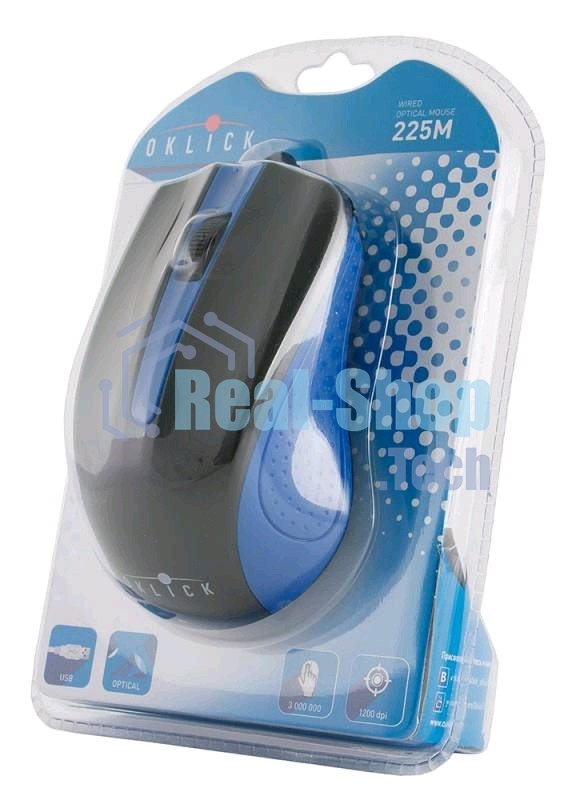 Мышь проводная Oklick 225M черный/синий, 1200 dpi, USB, кнопки - 3