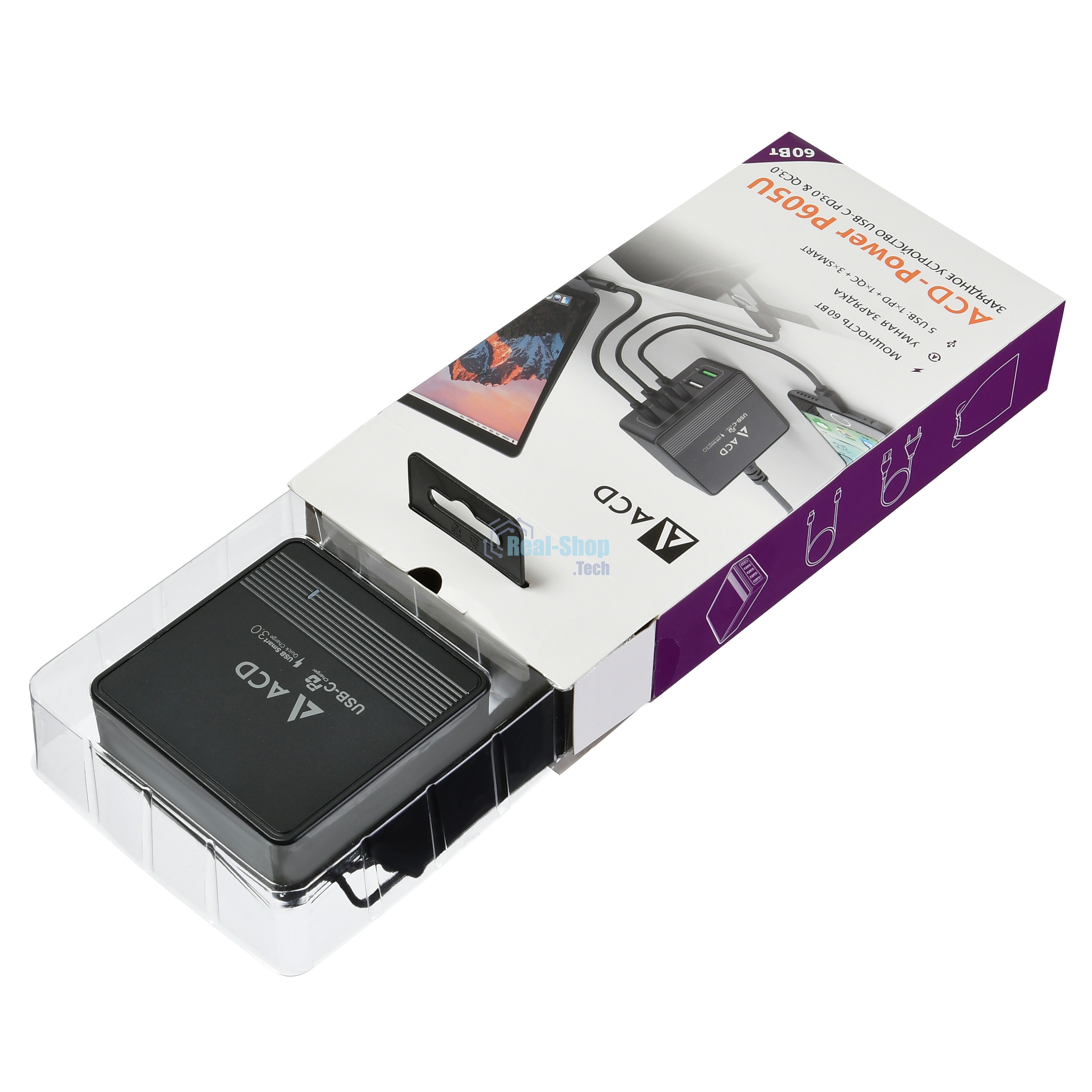Сетевое зарядное устройство ACD-P605U-V1B 60Вт, 5xUSB 1PD+1QC+3Smart, 3.6~20В/3А RTL