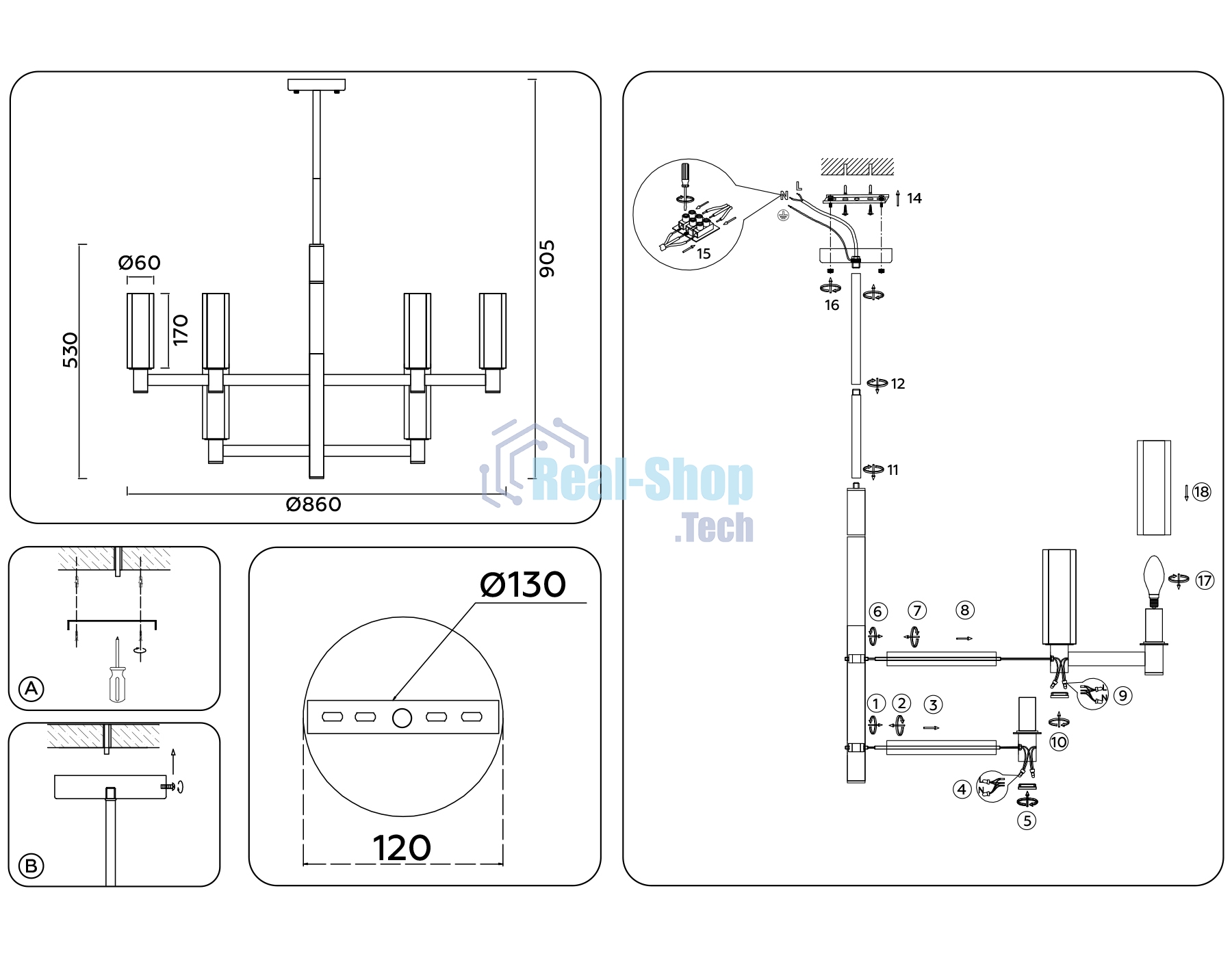 Люстра Ambrella light LH55505/12 SN/BK/CL сатин никель/черный/прозрачный E14*12 max 40W D860*905