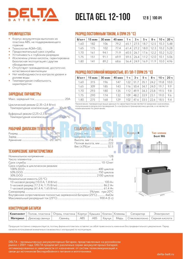 Батарея для ИБП Delta GEL 12-100 12В 100А·ч