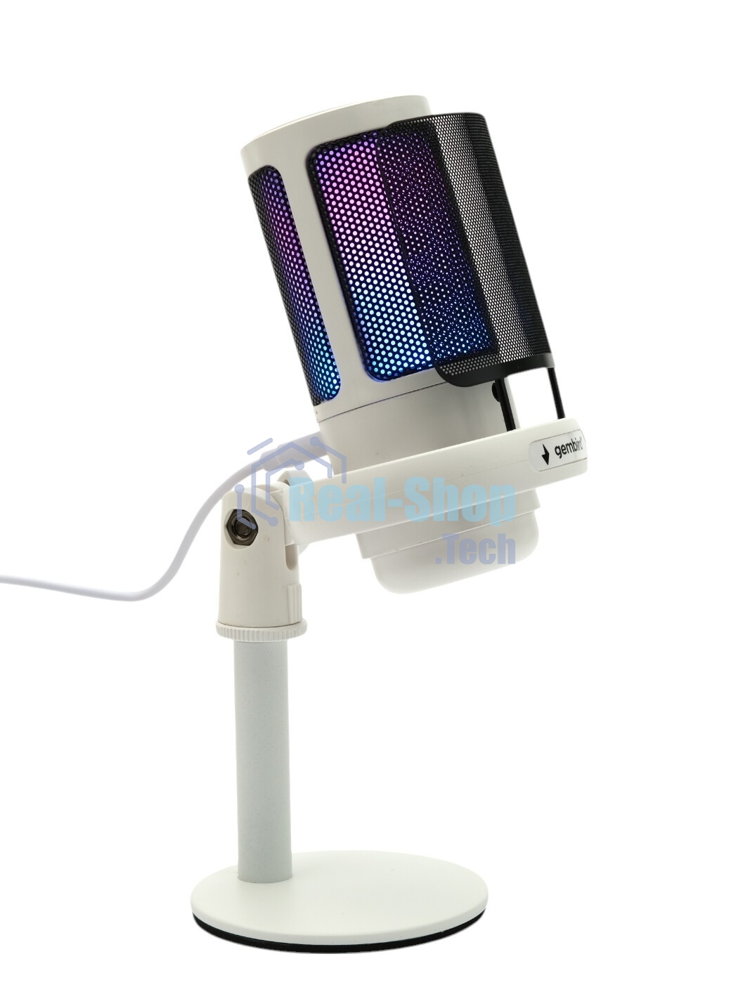 Микрофон конденсаторный Gembird M-01NW, подсветка RGB, шумоподавление, настольный держатель, белый